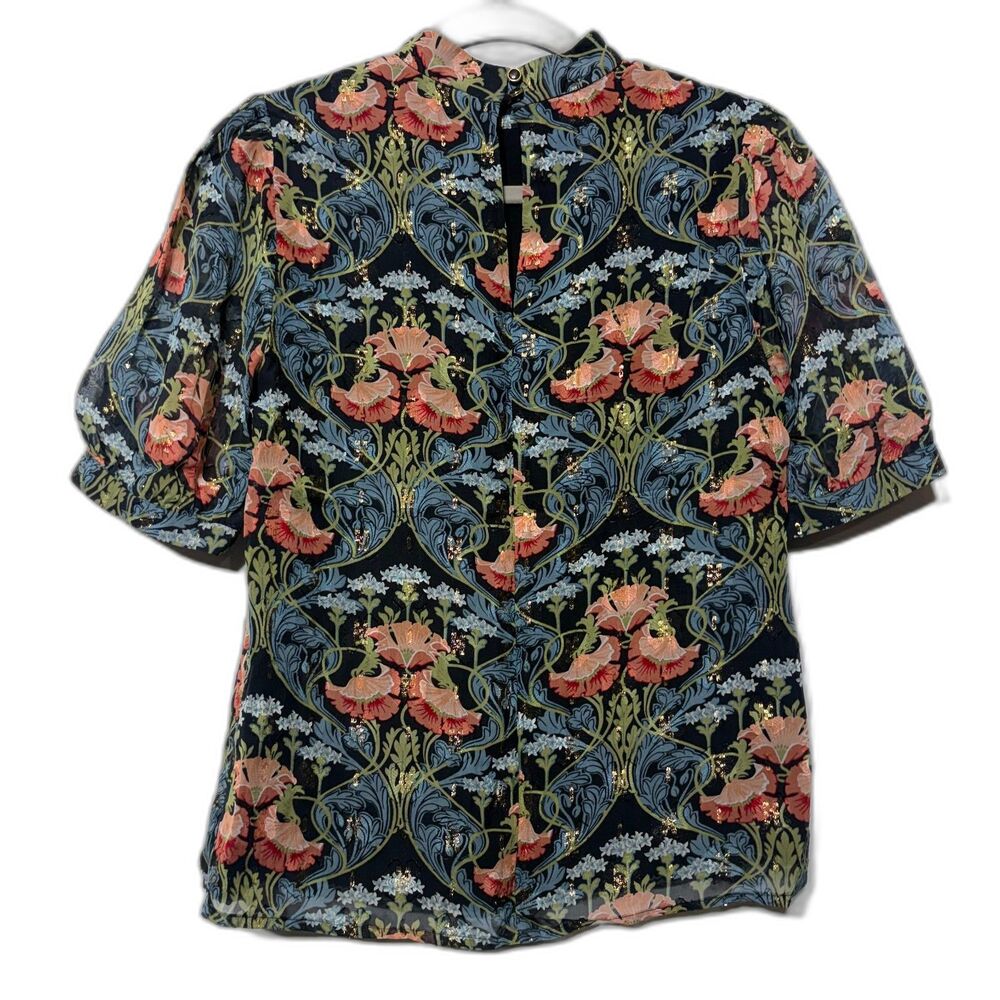 Anthropologie Meadow Rue Basilique Top Floral Metallic Mock Neck Blouse Size 0 - Picture 2 of 14